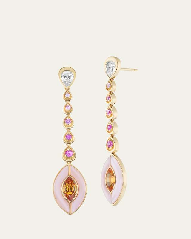 OAK 18K Yellow Gold Drop Earrings with Diamonds, Garnet, Sapphires and Opal